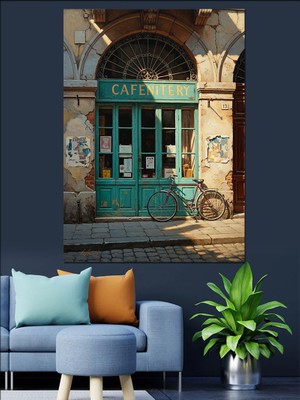 Tablomega Mavi Kapılı Eski Bir Cafe Girişi Dekoratif Kanvas - Mdf Ahşap Tablo
