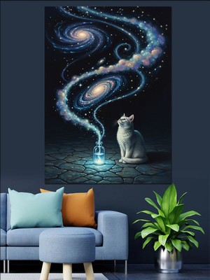 Tablomega Uzayda Süzülen Kozmik Kedi Illüstrasyonu Dekoratif Kanvas - Mdf Ahşap Tablo