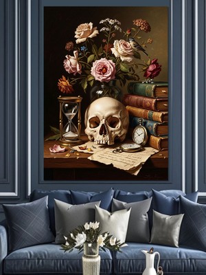 Tablomega Güller ve Kafatası Natürmort Çalışması Dekoratif Kanvas - Mdf Ahşap Tablo