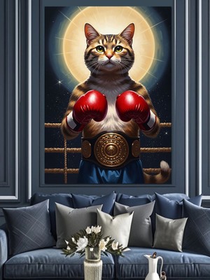 Tablomega Boks Eldivenli Şampiyon Kedi Dekoratif Kanvas - Mdf Ahşap Tablo