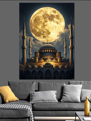 Tablomega Istanbul Camii ve Dolunay Manzarası Dekoratif Kanvas - Mdf Ahşap Tablo