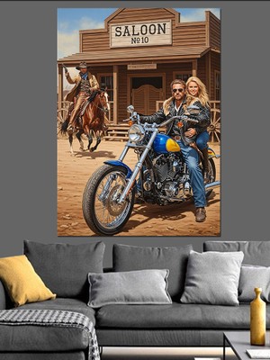 Tablomega Eski Batı Saloon ve Motosiklet Dekoratif Kanvas - Mdf Ahşap Tablo