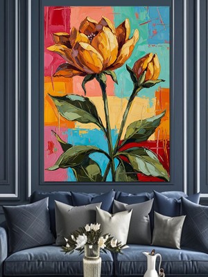 Tablomega Sanatsal Fırça Darbeli Sarı Güller Dekoratif Kanvas - Mdf Ahşap Tablo