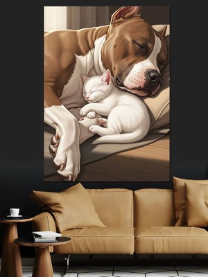 Tablomega Uyuyan Köpek ve Kedi Dekoratif Kanvas - Mdf Ahşap Tablo