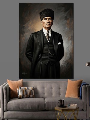 Tablomega Siyah Takım Elbiseli Atatürk Portresi Dekoratif Kanvas - Mdf Ahşap Tablo
