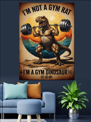 Tablomega Ağırlık Kaldıran Kaslı Dinozor Dekoratif Kanvas - Mdf Ahşap Tablo