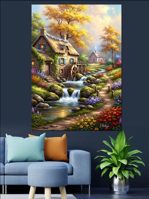 Tablomega Orman Içinde Şirin Köy Evi Dekoratif Kanvas - Mdf Ahşap Tablo
