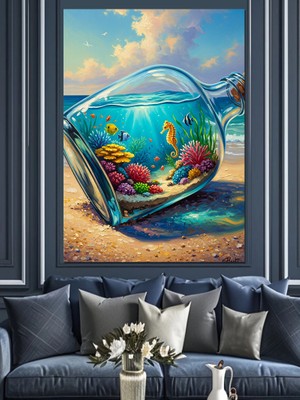 Tablomega Cam Şişede Renkli Akvaryum Dünyası Dekoratif Kanvas - Mdf Ahşap Tablo