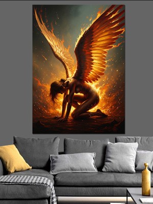 Tablomega Alev Kanatlı ve Diz Çökmüş Melek Dekoratif Kanvas - Mdf Ahşap Tablo