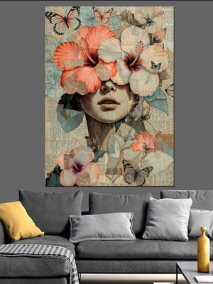 Tablomega Yüzü Çiçeklerle Kaplı Kadın Silüeti Dekoratif Kanvas - Mdf Ahşap Tablo