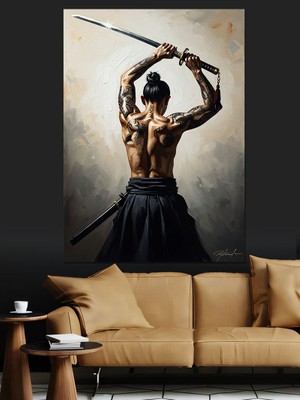 Tablomega Kılıç Tutan Kaslı Japon Savaşçı Dekoratif Kanvas - Mdf Ahşap Tablo