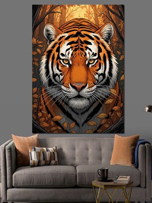Tablomega Altın Detaylı Heybetli Kaplan Portresi Dekoratif Kanvas - Mdf Ahşap Tablo