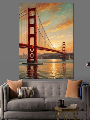 Tablomega Altın Işıklı San Francisco Köprüsü Dekoratif Kanvas - Mdf Ahşap Tablo