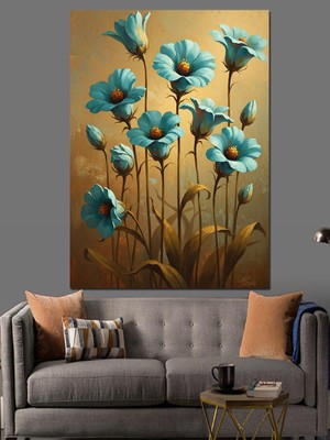 Tablomega Vazoda Mavi Kır Çiçekleri Demeti Dekoratif Kanvas - Mdf Ahşap Tablo