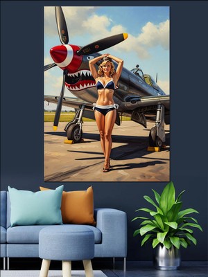 Tablomega Uçak Önünde Poz Veren Kadın Dekoratif Kanvas - Mdf Ahşap Tablo