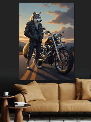 Tablomega Motosiklet Süren Karizmatik Kurt Figürü Dekoratif Kanvas - Mdf Ahşap Tablo