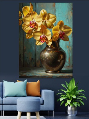 Tablomega Vazoda Sarı Orkide Çiçeği Dekoratif Kanvas - Mdf Ahşap Tablo