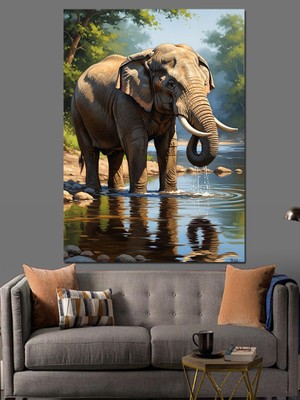 Tablomega Su Kenarında Duran Heybetli Fil Dekoratif Kanvas - Mdf Ahşap Tablo