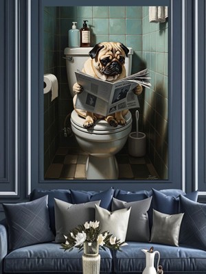 Tablomega Gazete Okuyan Pug Köpek Banyoda Dekoratif Kanvas - Mdf Ahşap Tablo