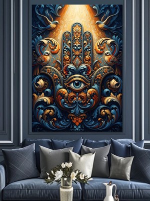 Tablomega Mavi Taşlı Mistik Hamsa Eli Dekoratif Kanvas - Mdf Ahşap Tablo