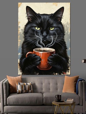 Tablomega Kahve Içen Siyah Kedi Dekoratif Kanvas - Mdf Ahşap Tablo