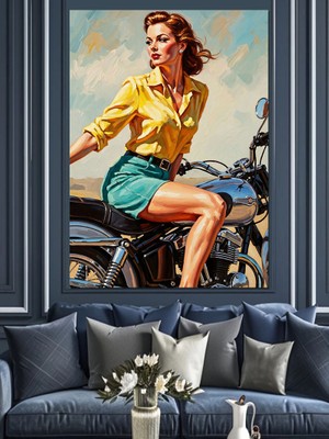 Tablomega Motosikletli Havalı Pin-Up Kadın Tablosu Dekoratif Kanvas - Mdf Ahşap Tablo