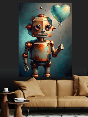 Tablomega Balon Tutan Paslı Robot Dekoratif Kanvas - Mdf Ahşap Tablo
