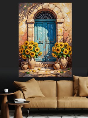 Tablomega Mavi Kapılı ve Ayçiçekli Ev Dekoratif Kanvas - Mdf Ahşap Tablo