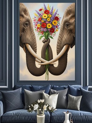 Tablomega Çiçeklerle Kalp Yapan Fil Hortumu Dekoratif Kanvas - Mdf Ahşap Tablo