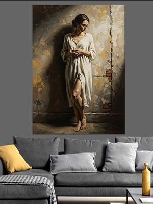 Tablomega Beyaz Elbiseli Zarif Kadın Silüeti Dekoratif Kanvas - Mdf Ahşap Tablo