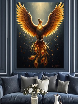 Tablomega Kanatlarını Açmış Altın Anka Kuşu Dekoratif Kanvas - Mdf Ahşap Tablo