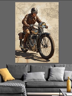 Tablomega Motosiklet Süren Nostaljik Sürücü Portresi Dekoratif Kanvas - Mdf Ahşap Tablo