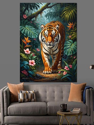 Tablomega Ormanda Yürüyen Kaplan Portresi Dekoratif Kanvas - Mdf Ahşap Tablo