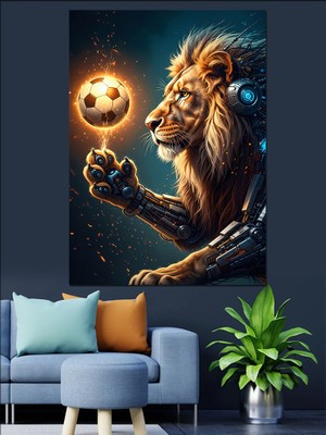 Tablomega Futbol Topuyla Oynayan Aslan Kral Dekoratif Kanvas - Mdf Ahşap Tablo