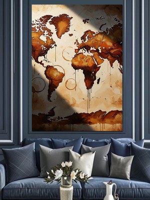 Tablomega Eskitme Zemin Üzerinde Dünya Haritası Dekoratif Kanvas - Mdf Ahşap Tablo