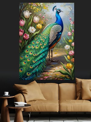 Tablomega Bahçe Içinde Görkemli Tavuskuşu Dekoratif Kanvas - Mdf Ahşap Tablo