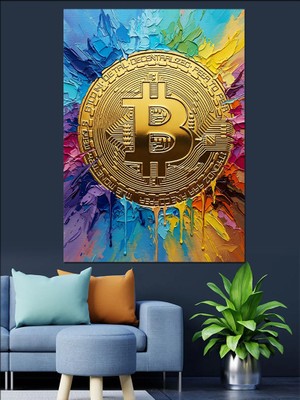 Tablomega Renkli Zemin Üzerinde Altın Bitcoin Dekoratif Kanvas - Mdf Ahşap Tablo