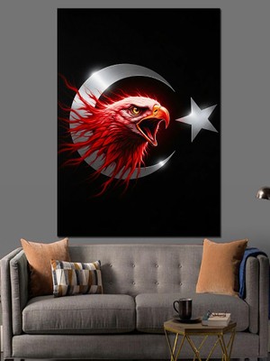 Tablomega Türk Bayrağı ve Kartal Başı Dekoratif Kanvas - Mdf Ahşap Tablo