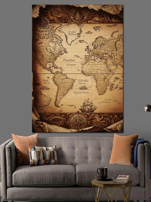 Tablomega Antik Dünya Haritası Eskitme Kağıt Dekoratif Kanvas - Mdf Ahşap Tablo