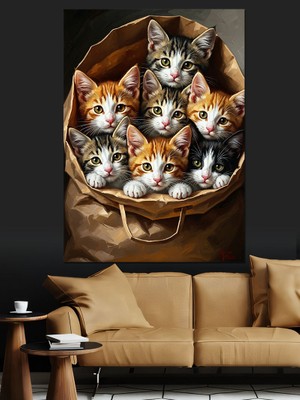 Tablomega Kağıt Torba Içinde Yavru Kediler Dekoratif Kanvas - Mdf Ahşap Tablo