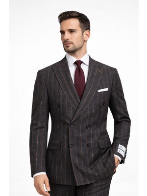 FABIO CASSEL Fabıo Cassel  Çizgili Kruvaze Erkek Takım Elbise Slim Fit