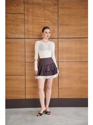 Cemo Kadın Puantiyeli Kat Kat Volanlı Dantel Detaylı Mini Etek