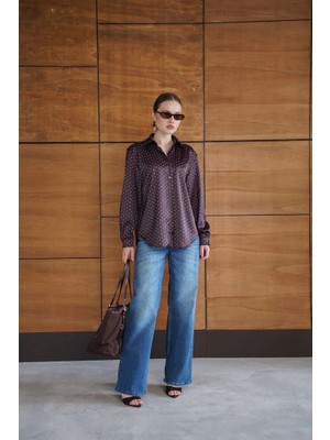 Cemo Kadın Puantiyeli Düğmeli Yaka Detaylı Uzun Kollu Saten Gömlek