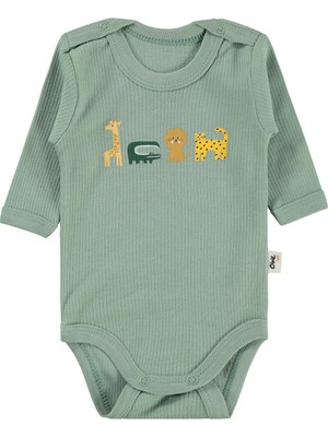 Civil Baby Haki Renkli Hayvanlar Baskılı Uzun Kollu Çıtçıtlı Badi Süprem Kumaş 18-24 Ay