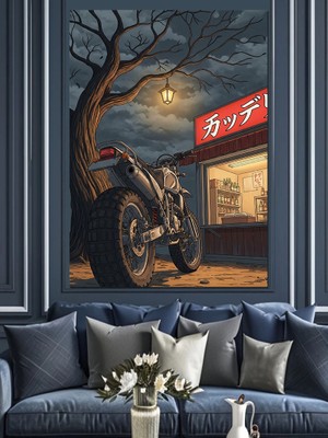Karizma Tablo Gece Yarısı Motosiklet ve Işıklar Dekoratif Kanvas - Mdf Ahşap Tablo