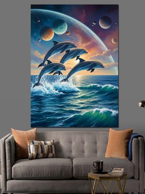 Karizma Tablo Denizden Sıçrayan Neşeli Yunus Balıkları Dekoratif Kanvas - Mdf Ahşap Tablo