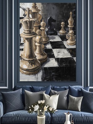 Karizma Tablo Siyah Beyaz Satranç Taşları Dekoratif Kanvas - Mdf Ahşap Tablo