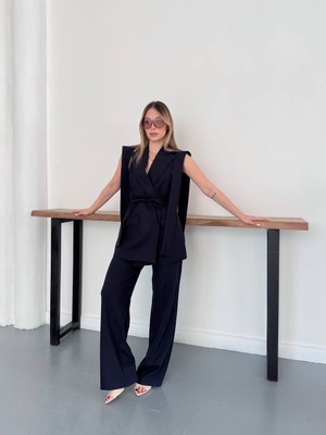 My Lunessa Kadın Alt Üst Ikili Lacivert Takım Omuz Detaylı Kuşaklı Yelek Pantolon Takım