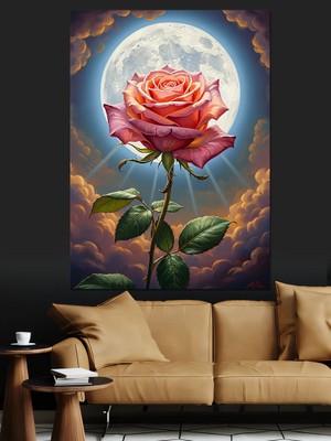 Karizma Tablo Ay Işığında Pembe Gül Dekoratif Kanvas - Mdf Ahşap Tablo