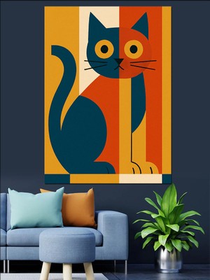 Karizma Tablo Minimalist Geometrik Kedi Çizimi Dekoratif Kanvas - Mdf Ahşap Tablo